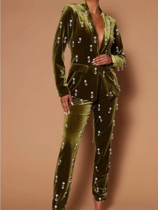 Fashion Nova Pants - Fashion Nova Luxe Olive Green Velvet Embellished Women's Suit Pants Blazer Set